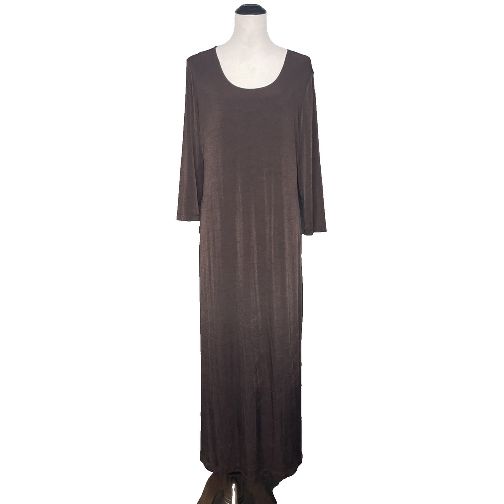 Slinky Brand Womens Large Brown Maxi Dress Stretch Scoop Neck Made USA NWT
